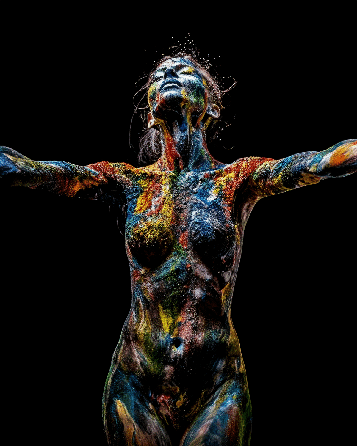 AI generated: a woman with her hands out in the air, in the style of psychedelic portraiture, full body, body art,...