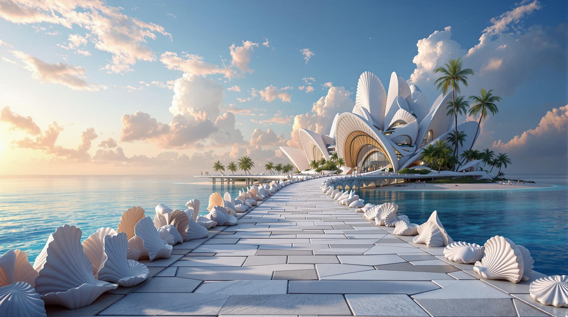 AI generated:  a long fictional bridge,made of giant seashells and pearl with high arches,modern complex architect...