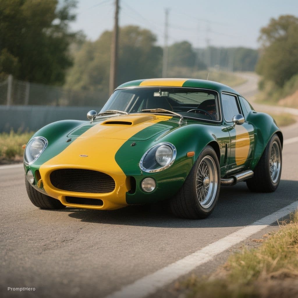 AI generated: a picture of the latest jaguar sports model, worked shopped muscle car. painted in the classic racin...