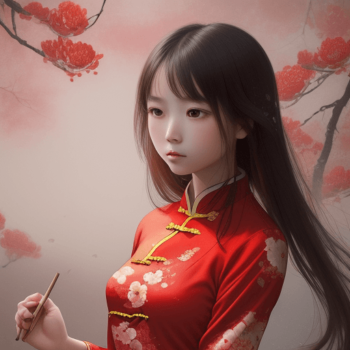 AI generated: a girl in chinese red blouse, in the style of dreamy and romanticcompositions,floral explosiongs
