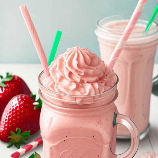 AI generated: realistic photo of a strawberry milkshake with a straw