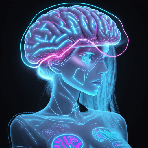 AI generated: This image shows [a white woman] with a very distinctive and stylized [neon brain] that is designed ...