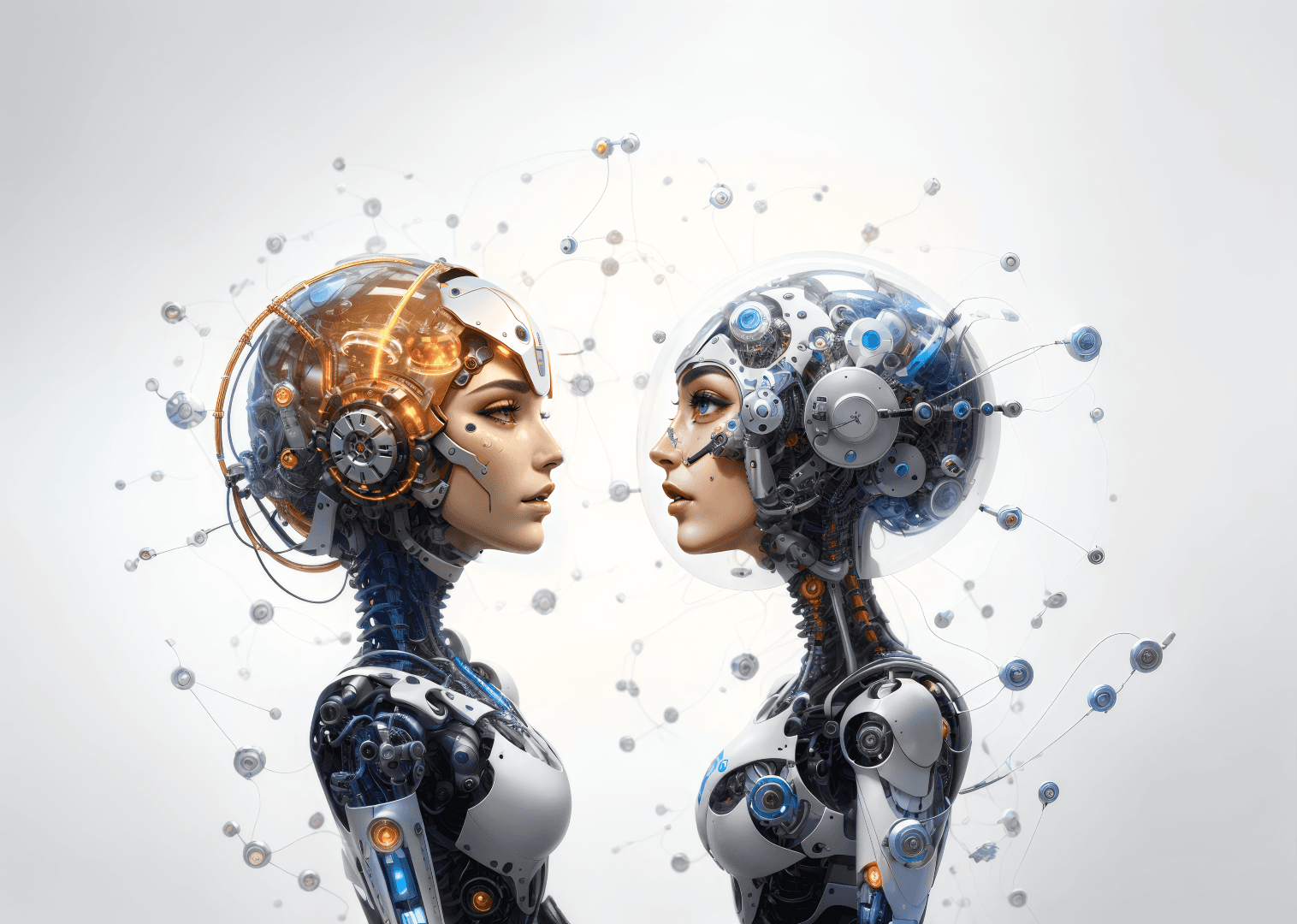 AI generated: Two cyborgs kissing, standing on the edge of the universe, symmetrical, splash of stars, golden rati...