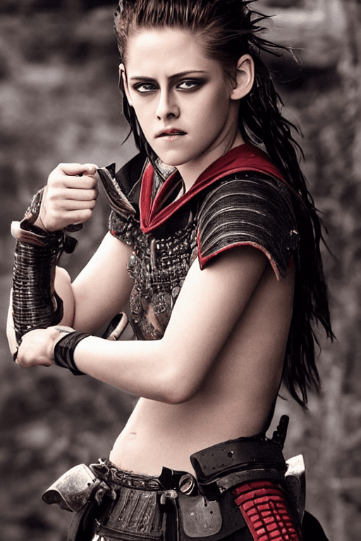 AI generated: Kristen Stewart dressed as samurai, gorgeous, attractive, flirting, (((full body visible))), looking...