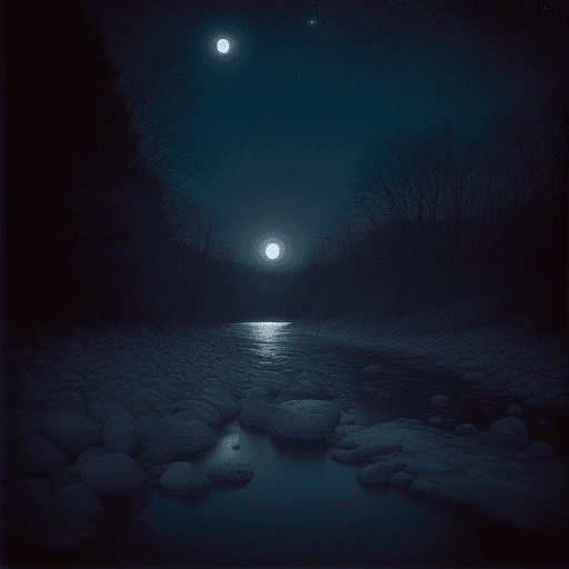 AI generated: Midnight sneak on hill rock river bank, full moon, Mysterious, pinpoint stars, Award - winning, port...