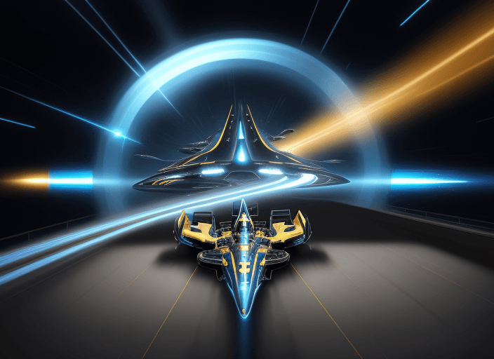 AI generated: Shadowy sleek futuristic Floating vertical wheel over Celestial Harbor with spaceships and cosmic ve...