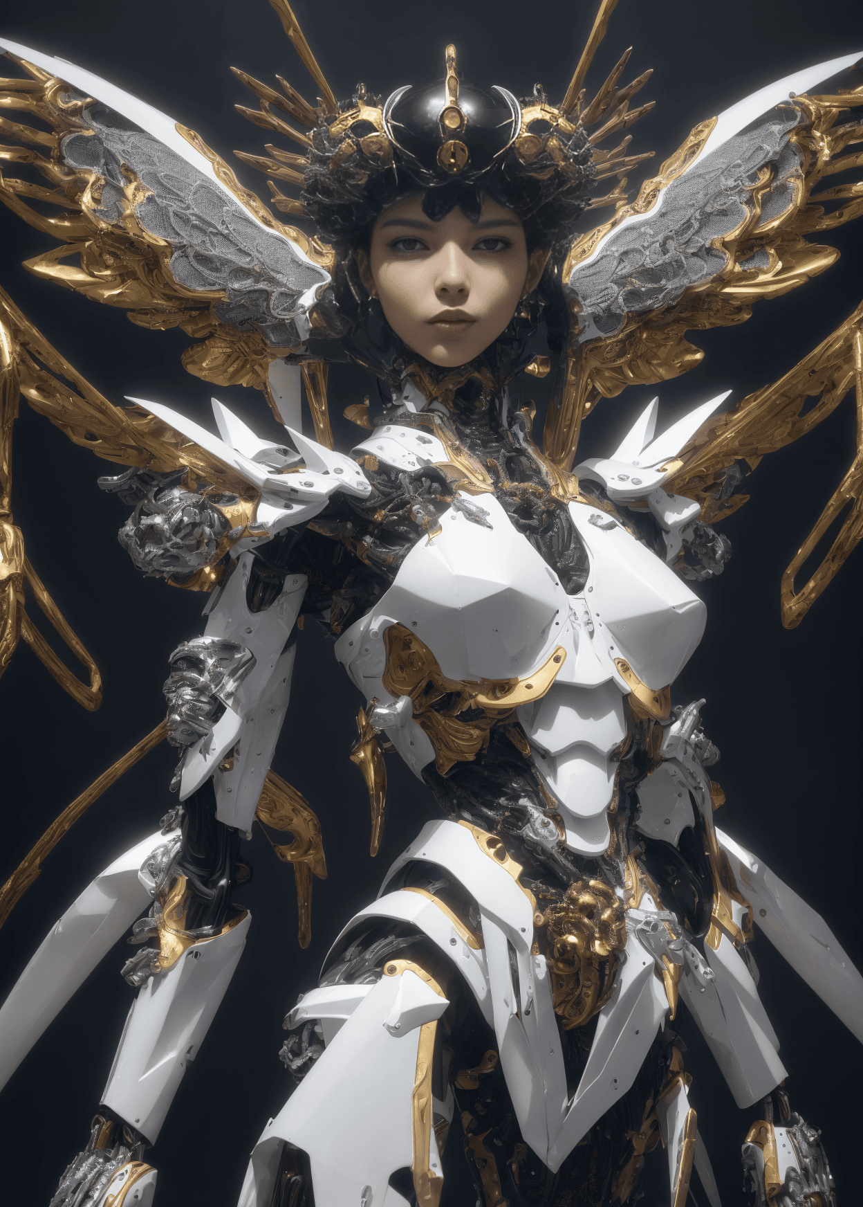 AI generated: 4k (full body photo:1.2) of mechanical angel queen, dark futuristic art style, shiny and smooth surf...