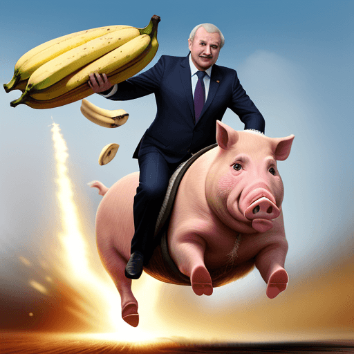 AI generated: Lukashenko rides a pig and holds bananas in his hand as he runs at the speed of light, dylan lukashe...
