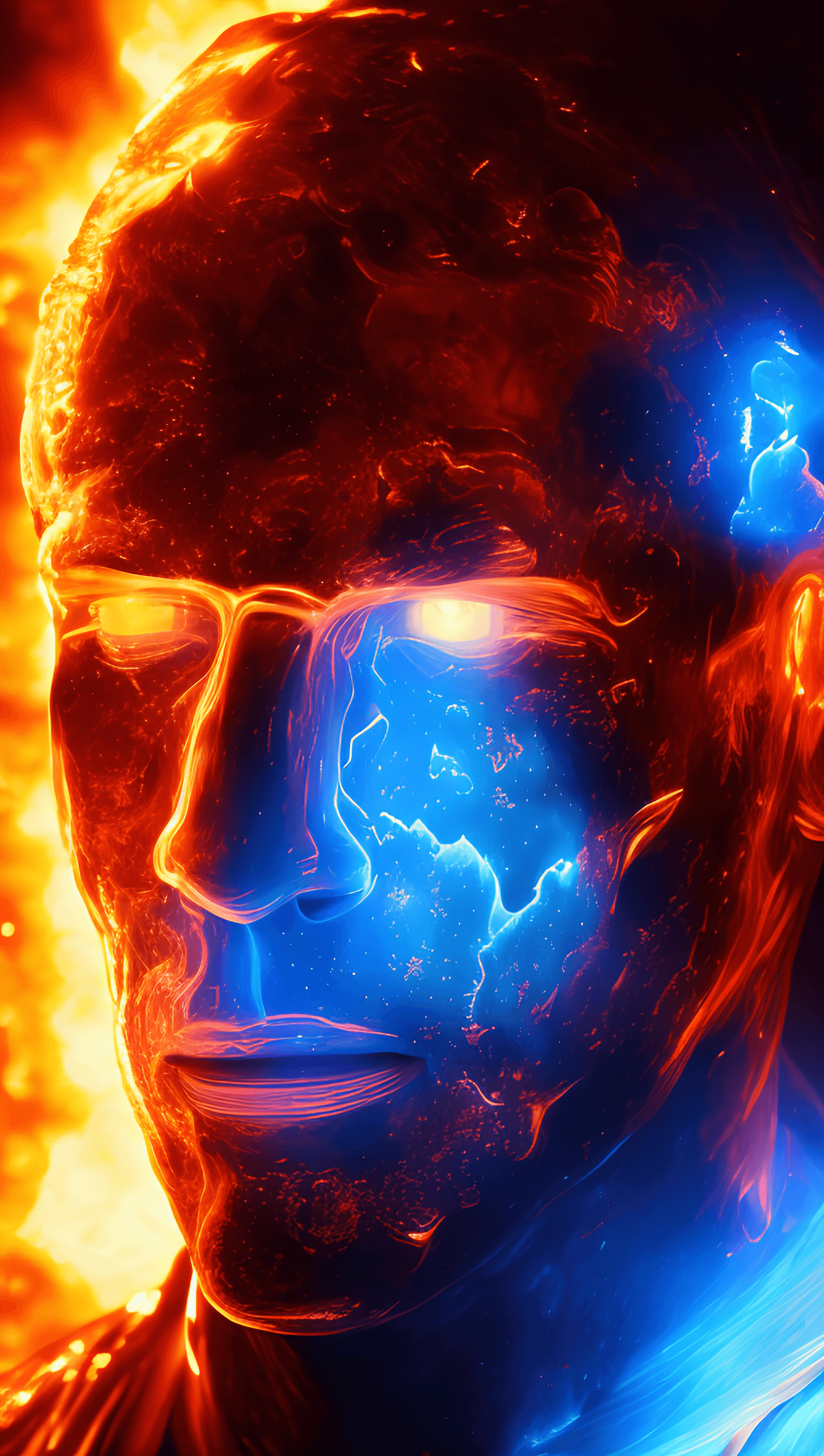 AI generated: a single muscular man made of Fire and melting ice in space, detailed face, narrow nose, neon, plasm...