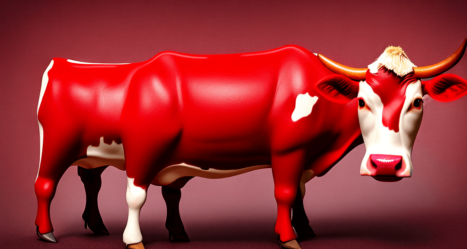 AI generated: portrait of a cow dressed as a red t-shirt, hyper-realistic, ultra-detailed, high end finish, super ...