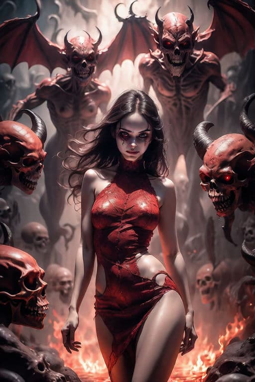 AI generated: Lust and desire, A mysterious woman with an erotic aura has made a pact with the devil, The image sh...