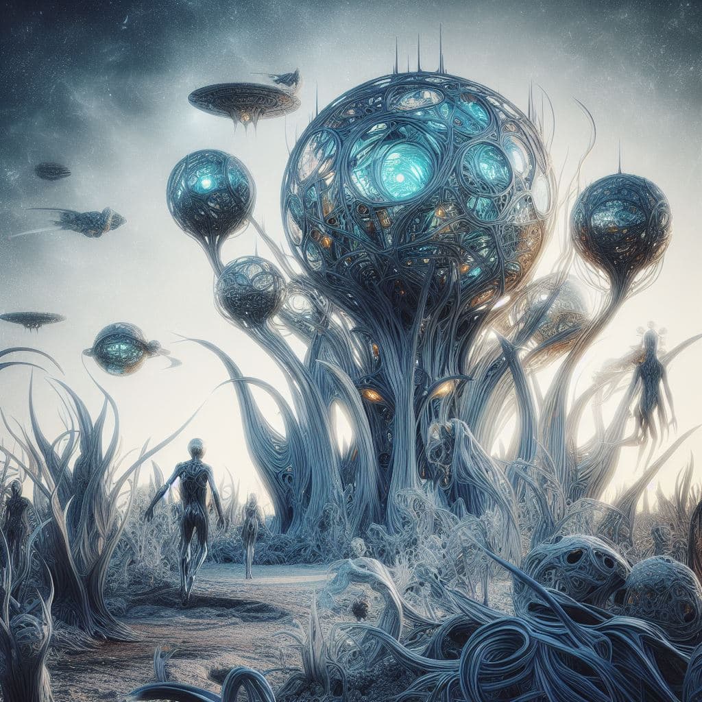 AI generated: Another World,A world full of structures , Silver fantasies ,dynamic light,