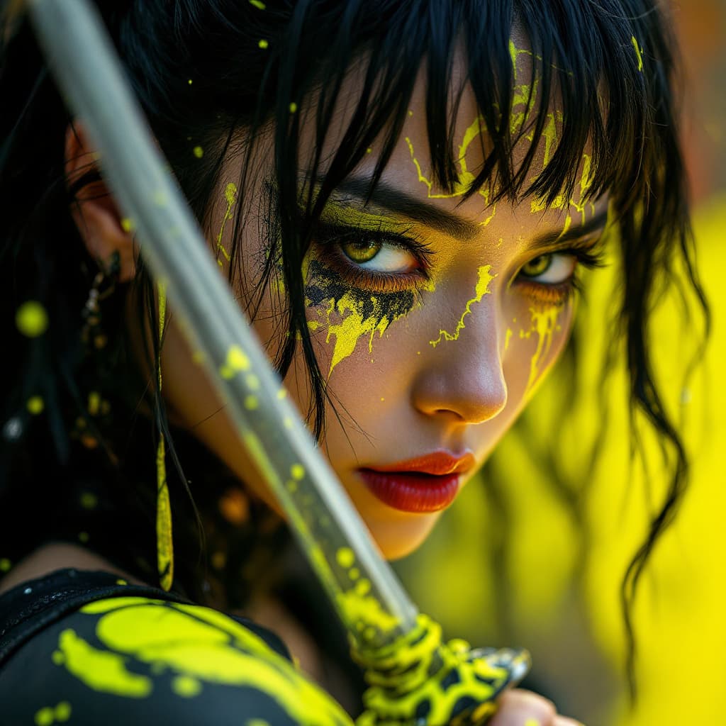 AI generated: Editorial Vivienne Tam photography of a gothic punk rebel Japanese [woman] with neon yellow and blac...