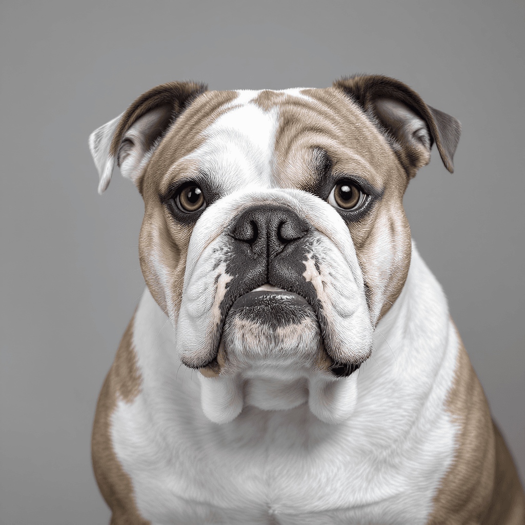AI generated: Generate me an HD ULTRA 8k Black and white photograph of a female english bulldog that is traditiona...