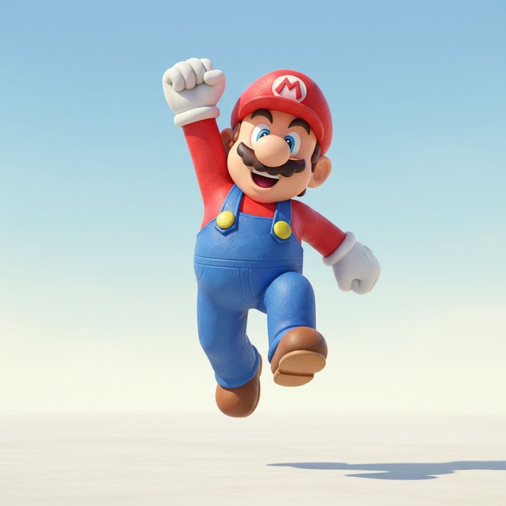 AI generated: Trendy toy, clay texture, jumping Super Mario, raised fist, clean light background, bright scene, in...