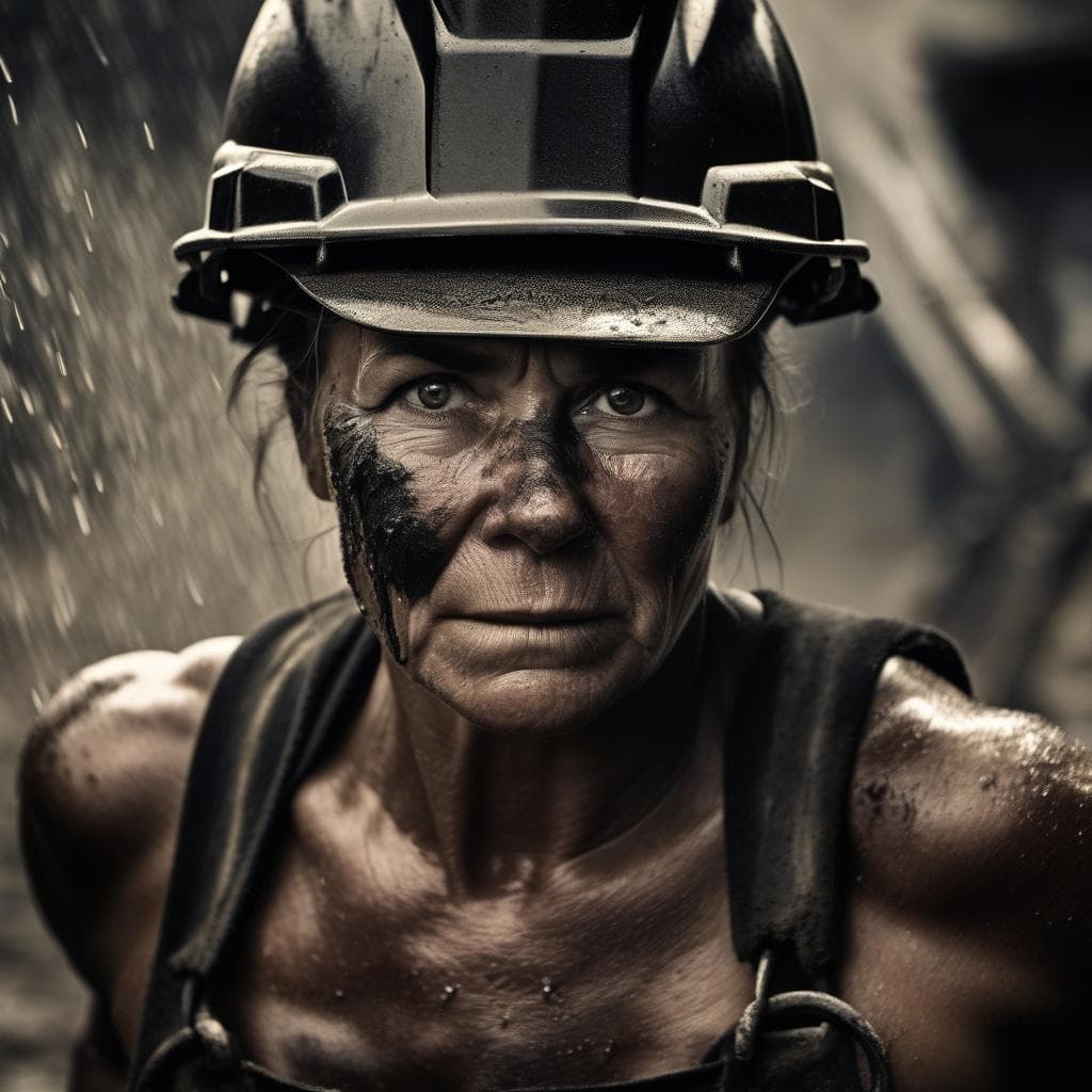 AI generated: A sweaty muscular woman working hard as a coal miner on a stressing and dirty job, male physique, ex...