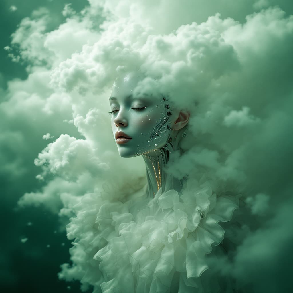 AI generated: a beautiful cyborg white woman wearing a delicate frills dress (with subtle electronic pieces in her...