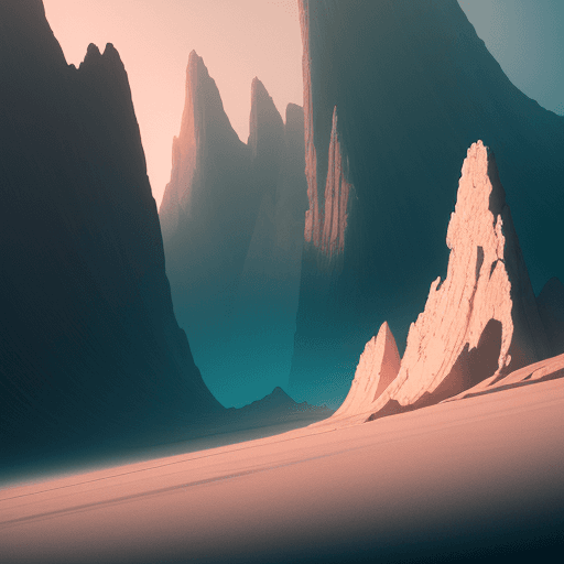 AI generated: Photo of a dreamy landscape, abstract shapes, dramatic light, pale sunrise, battered, low angle, tre...