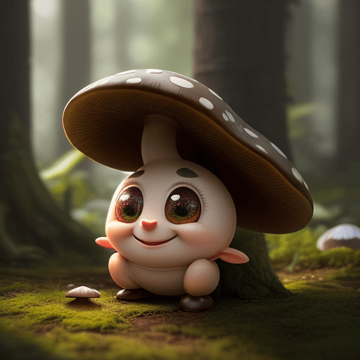 AI generated: cute little guy like mushroom in forest, happy and smiling, big cute eyes, ambient light cinematic l...