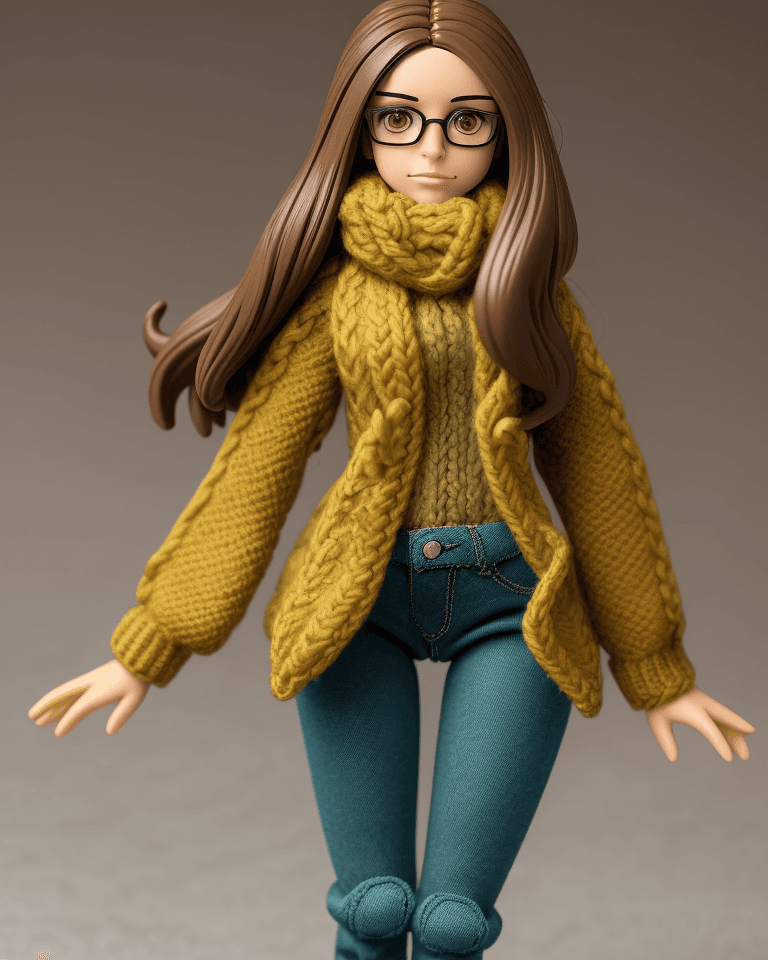 AI generated: action figure of a girl, with brown and hair, olive eyes, glasses, wearing a teal knitted puffy swea...