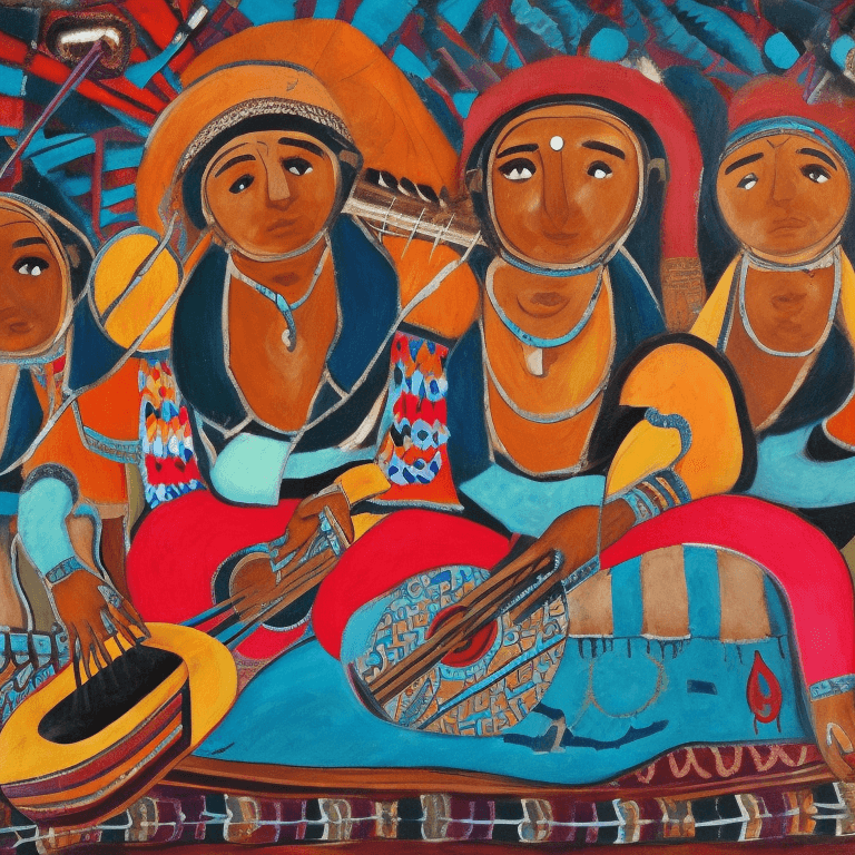AI generated: an enormous mixed ==Baroque== artwork that features Gnawa musicians with abstract faces in trance, c...