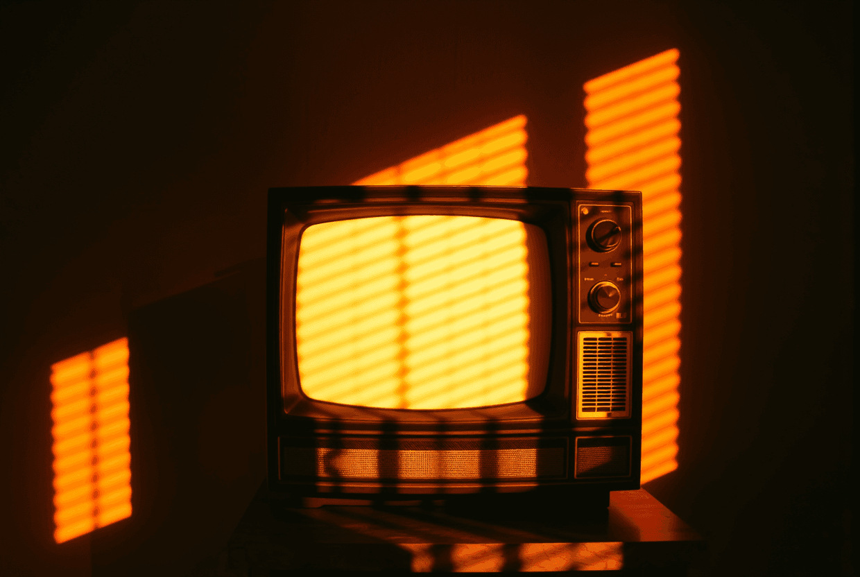 AI generated: old tv orange light with blinds casting shadows