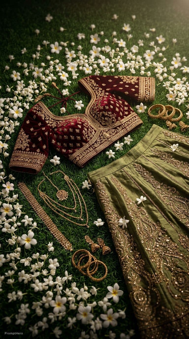 AI generated: A luxurious traditional Indian ethnic setup for a festive photoshoot, lush thick green grass carpet ...