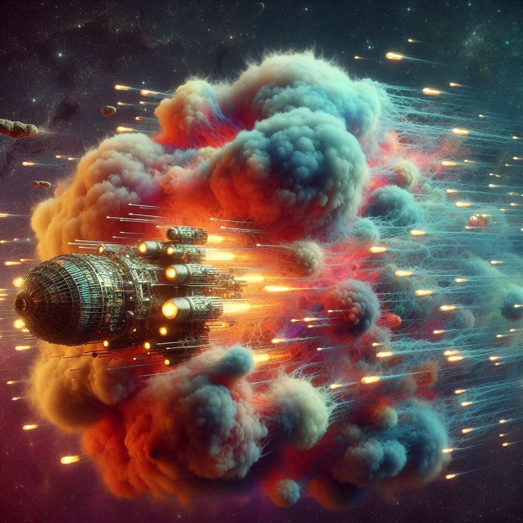 AI generated: In the foreground is a translucent spaceship made of radio tubes. The hairy universe is like spongel...