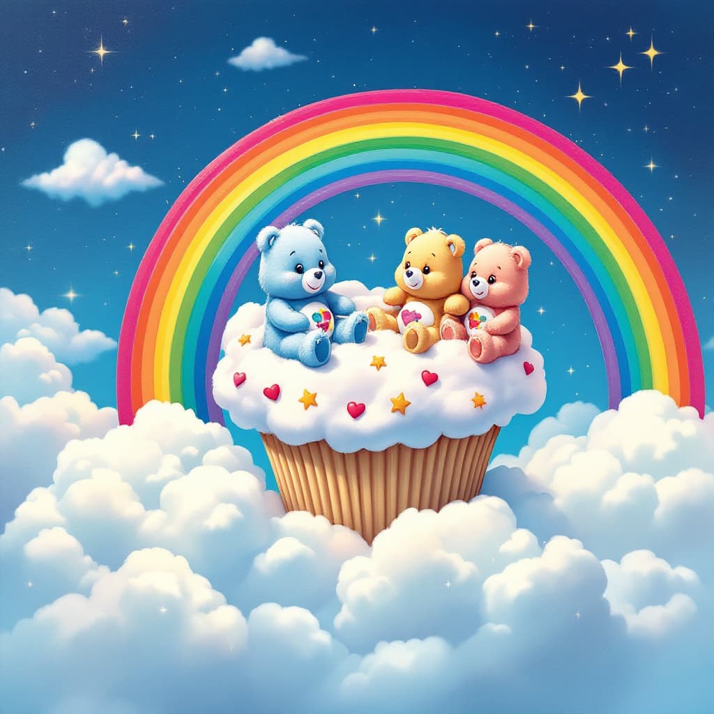 AI generated: Carebears living on a ginat cloud cupcake with rainbows and clouds in the style of andywarhol
