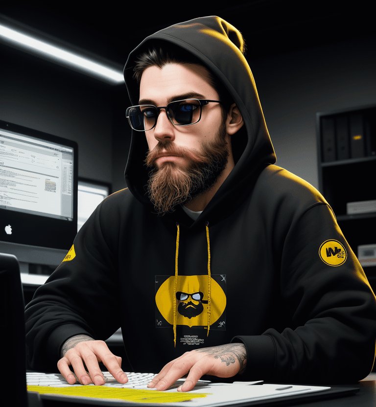 AI generated: posture should be looking straight aheadhacker, darkroom, coder, computer, man, medium beard, cool, ...