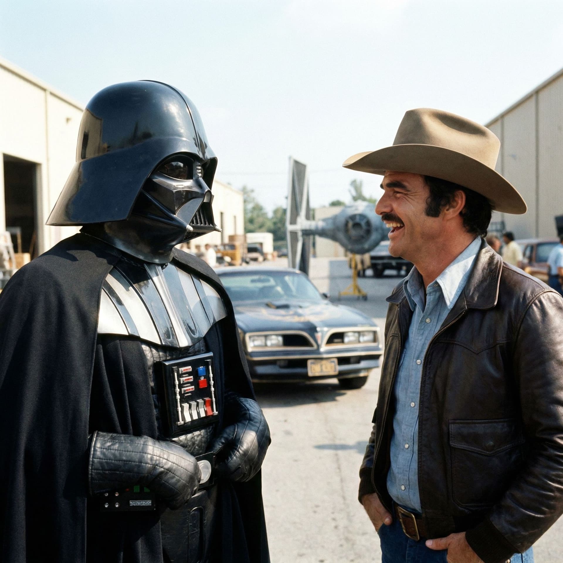AI generated: a picture of darth vader talking to burt reynolds