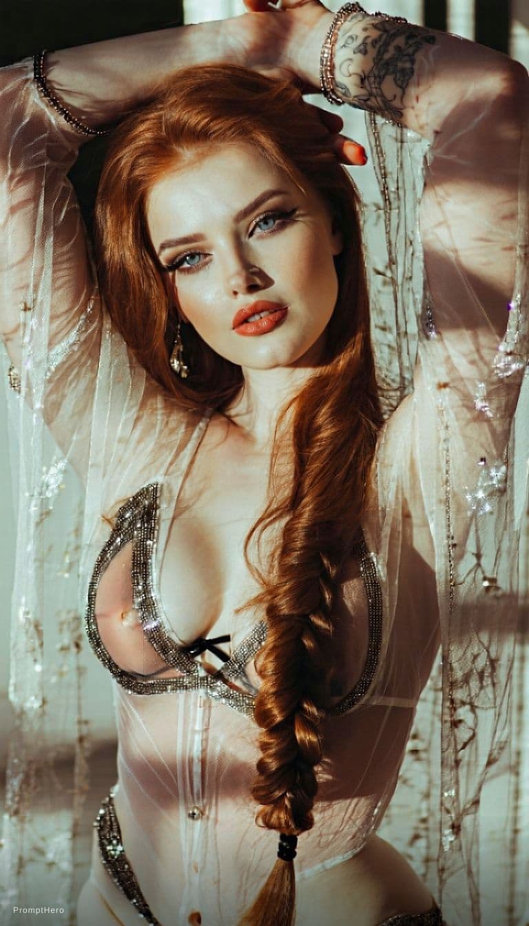AI generated: A stunning European woman with pale skin and cascading natural red hair styled in loose waves frames...