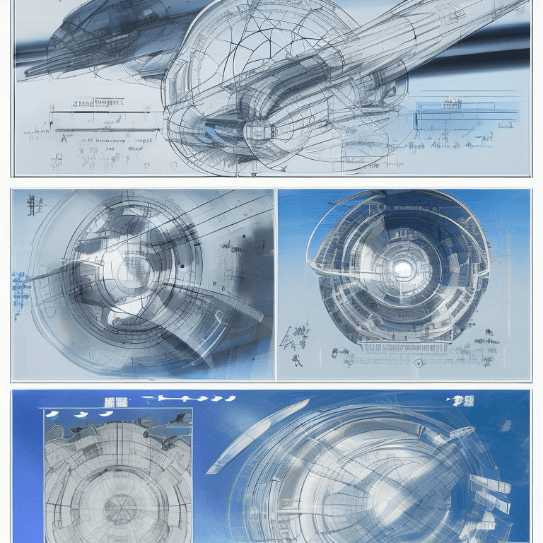 AI generated: sketches, blueprint of futuristic, sci fi, hyperdrive engines, repair, matter and anti matter holdin...