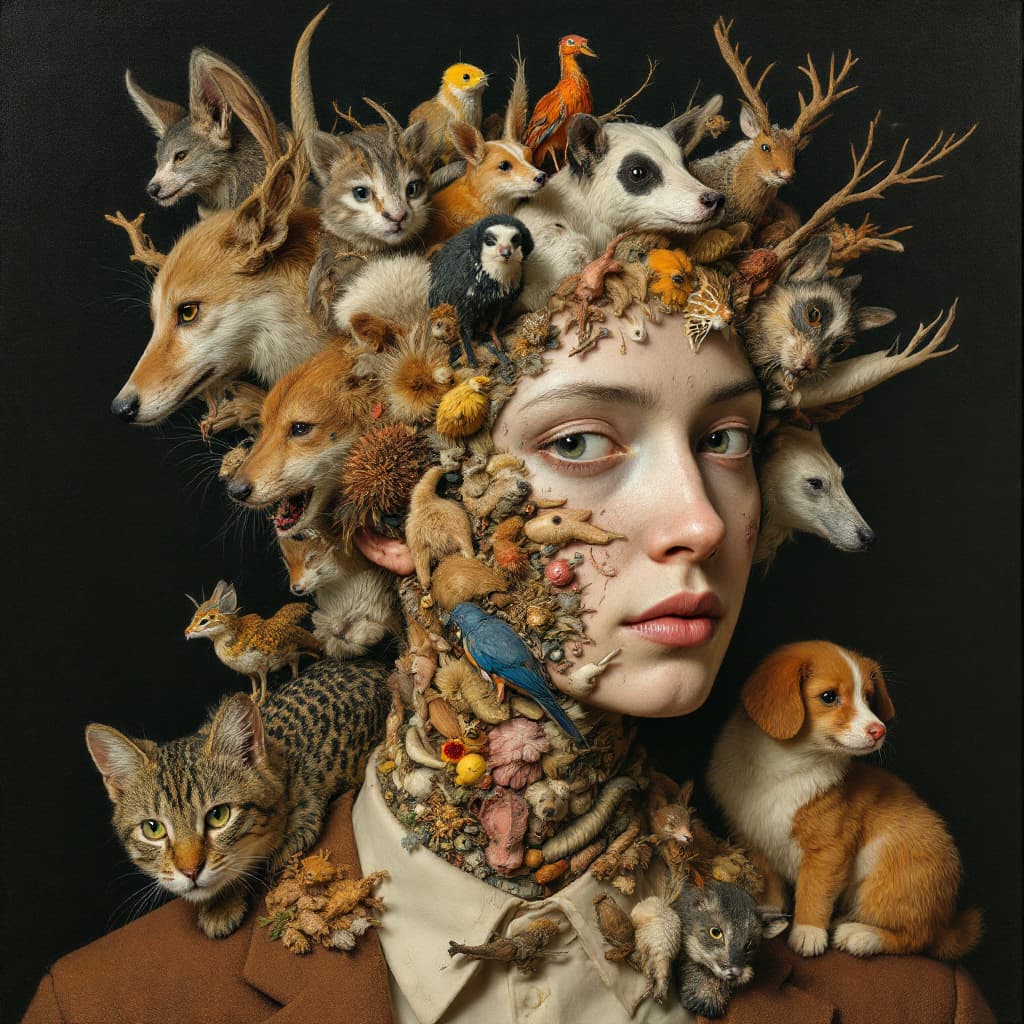 AI generated: a portrait a highly detailed, surreal portrait of a person composed entirely of various species anim...