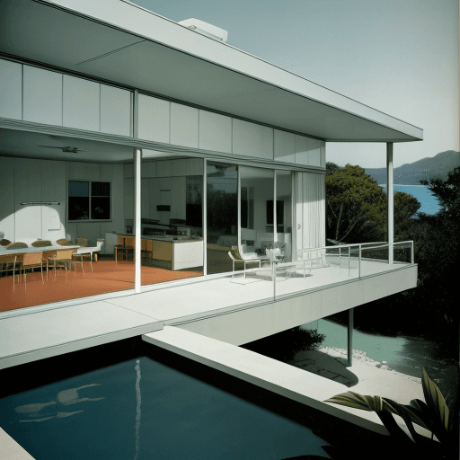 AI generated: Hyper realistic eye level exterior photo of a mid century modern style house overlooking the ocean, ...