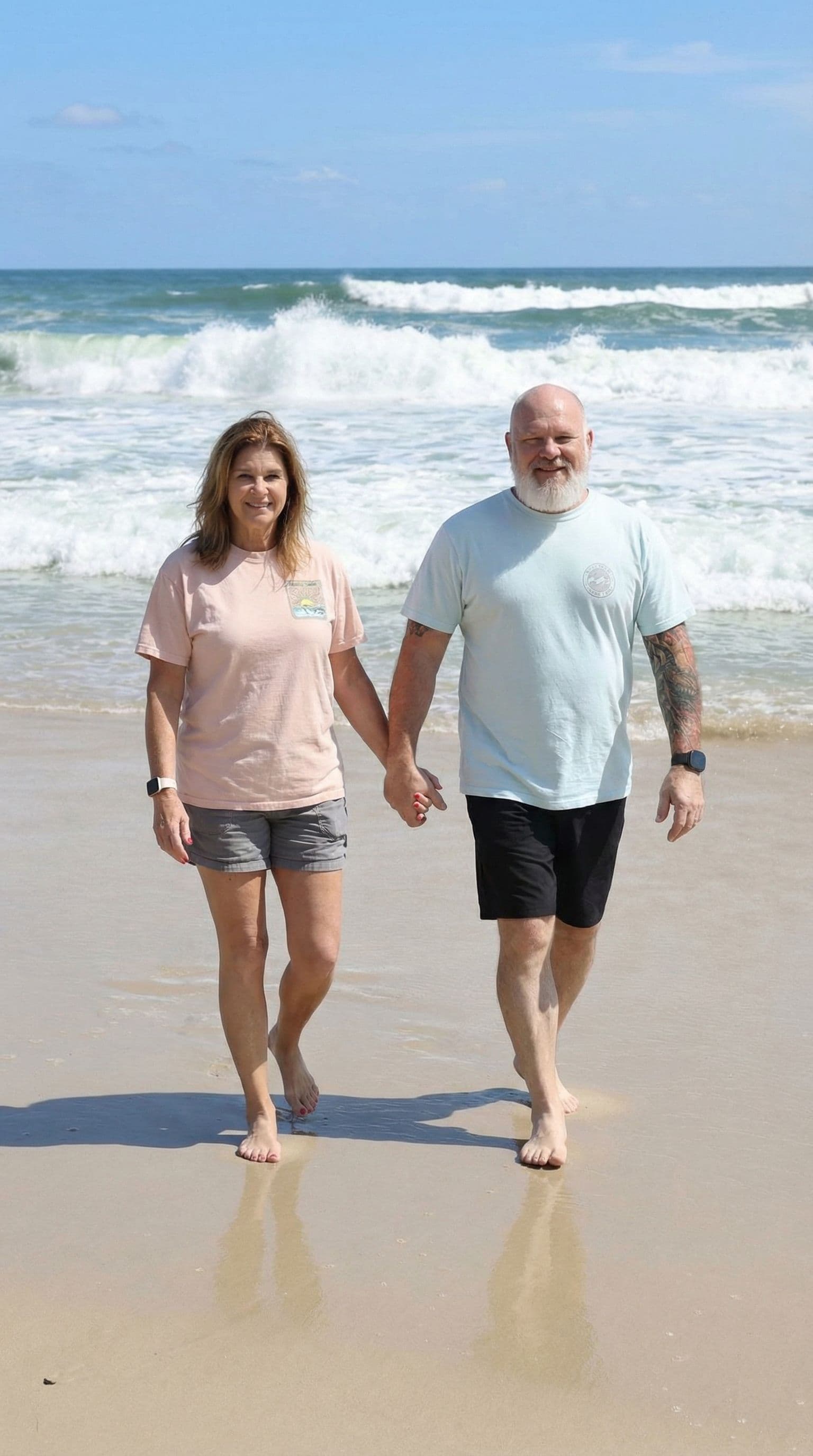 AI generated: Sunny day, beach, ocean, waves crashing, holding hands while walking