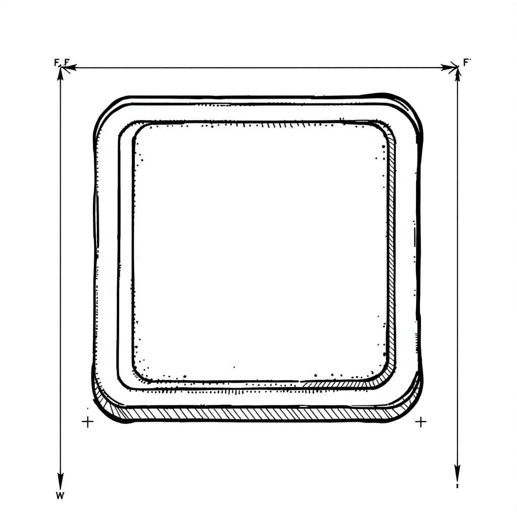 AI generated: A drawing of a rectangular lid with curved edges a flat bottom front view
