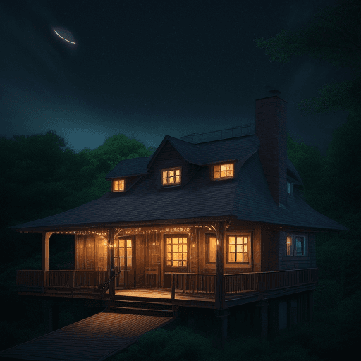 AI generated: rooftop, lights, wood, cozy, summer breeze, night, forest, dark, realistic