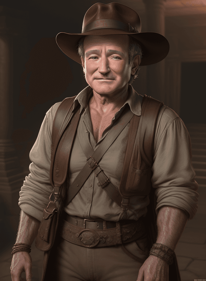 AI generated: A hyperreal portrait of Robin Williams as Indiana Jones, in the Temple of Doom, Utilize Unreal Engin...