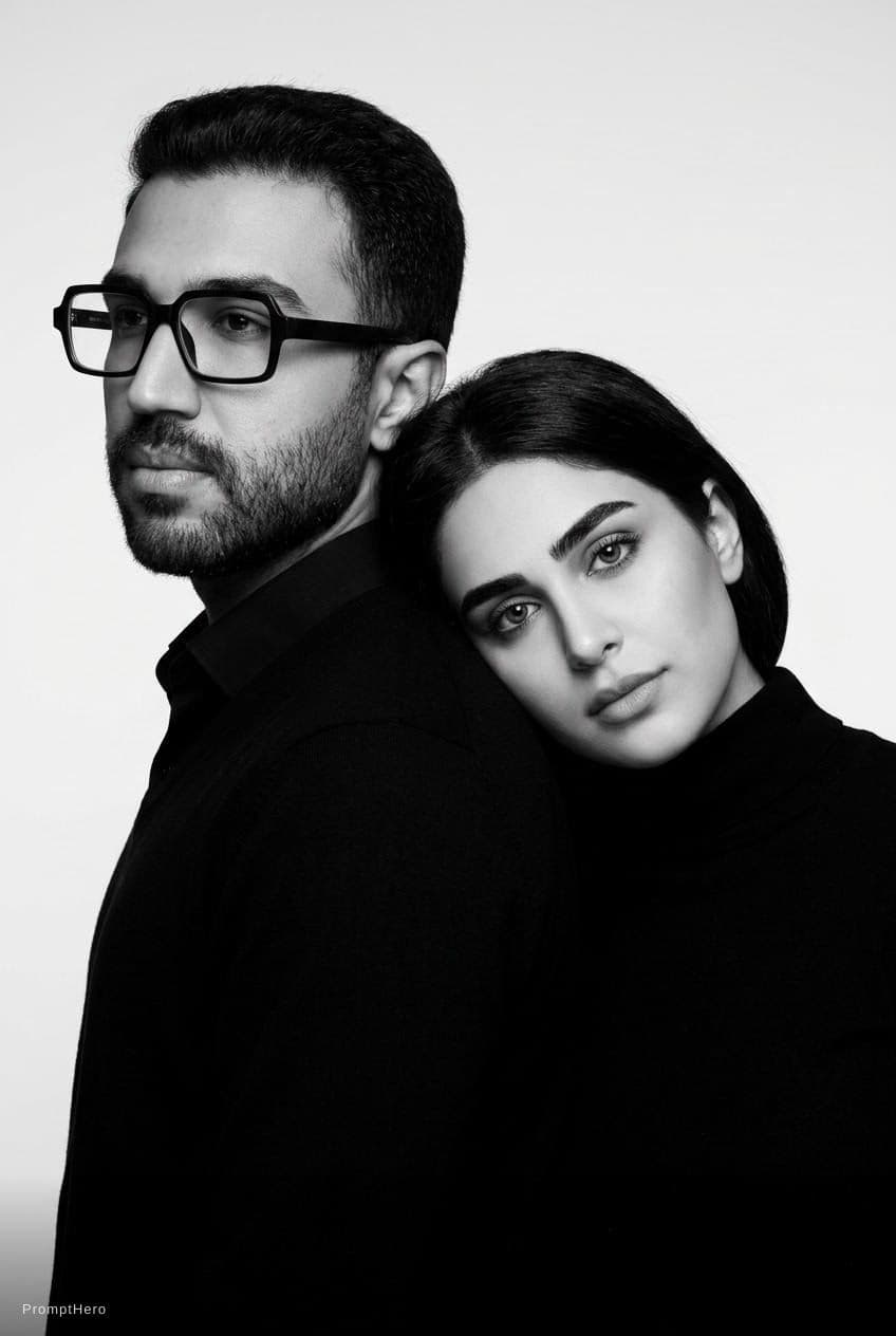 AI generated: Create a minimalist black-and-white studio couple portrait built strictly from the reference image w...