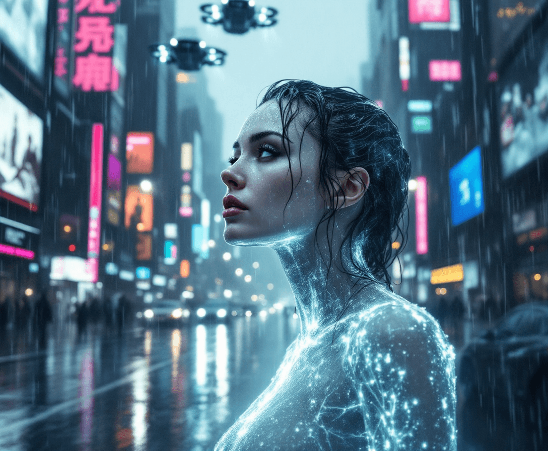 AI generated: A beautiful masterpiece (8K) portrait of the (((invisible woman of the fantastic 4))) in pouring dow...