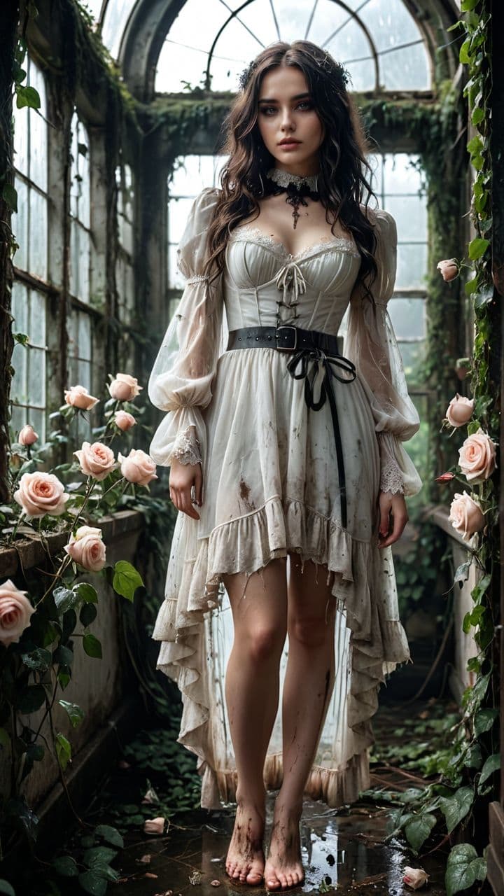 AI generated: Gothic horror romantic fashion for young women, translucent white dress tinged with dust and earth, ...