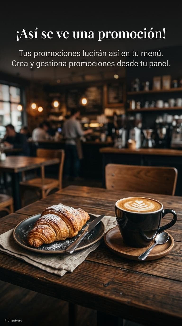 AI generated: Vertical 9:16 promotional banner for a premium modern café menu app. Realistic flaky croissant and a...