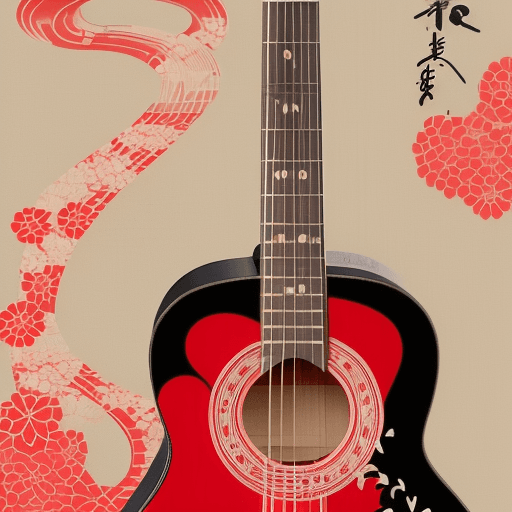 AI generated: Acoustic guitar with kanji characters: "Generate an image of a beautiful acoustic guitar with Japane...