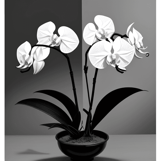 AI generated: Oriental orchid with 9 black and white, gray and sharp leaves
