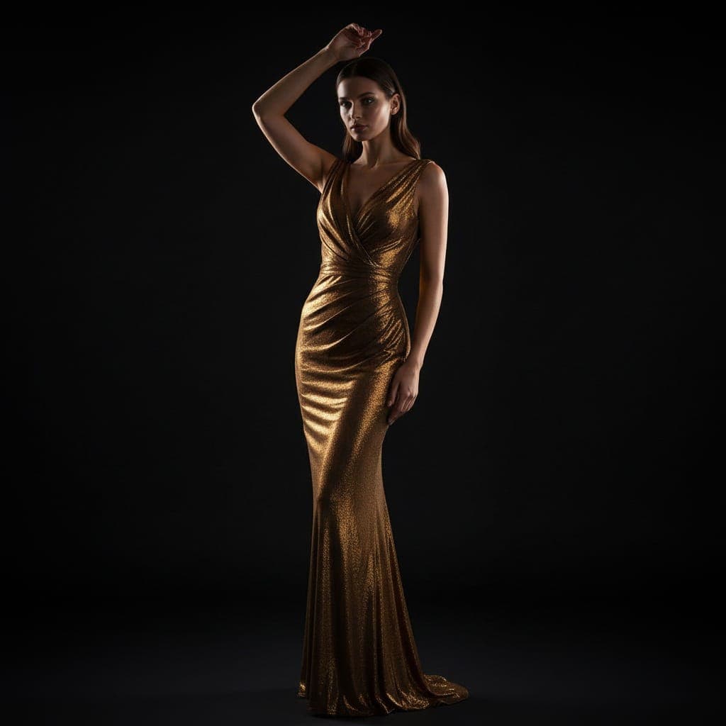 AI generated: Generate a fashion portrait of a female model wearing a fitted metallic dress with subtle draping an...