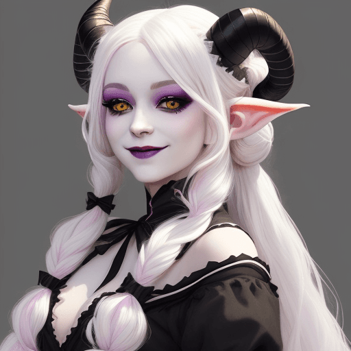 AI generated: YoungTiefling woman with a pastel dress, long white hair with two side buns and black stripes, and b...