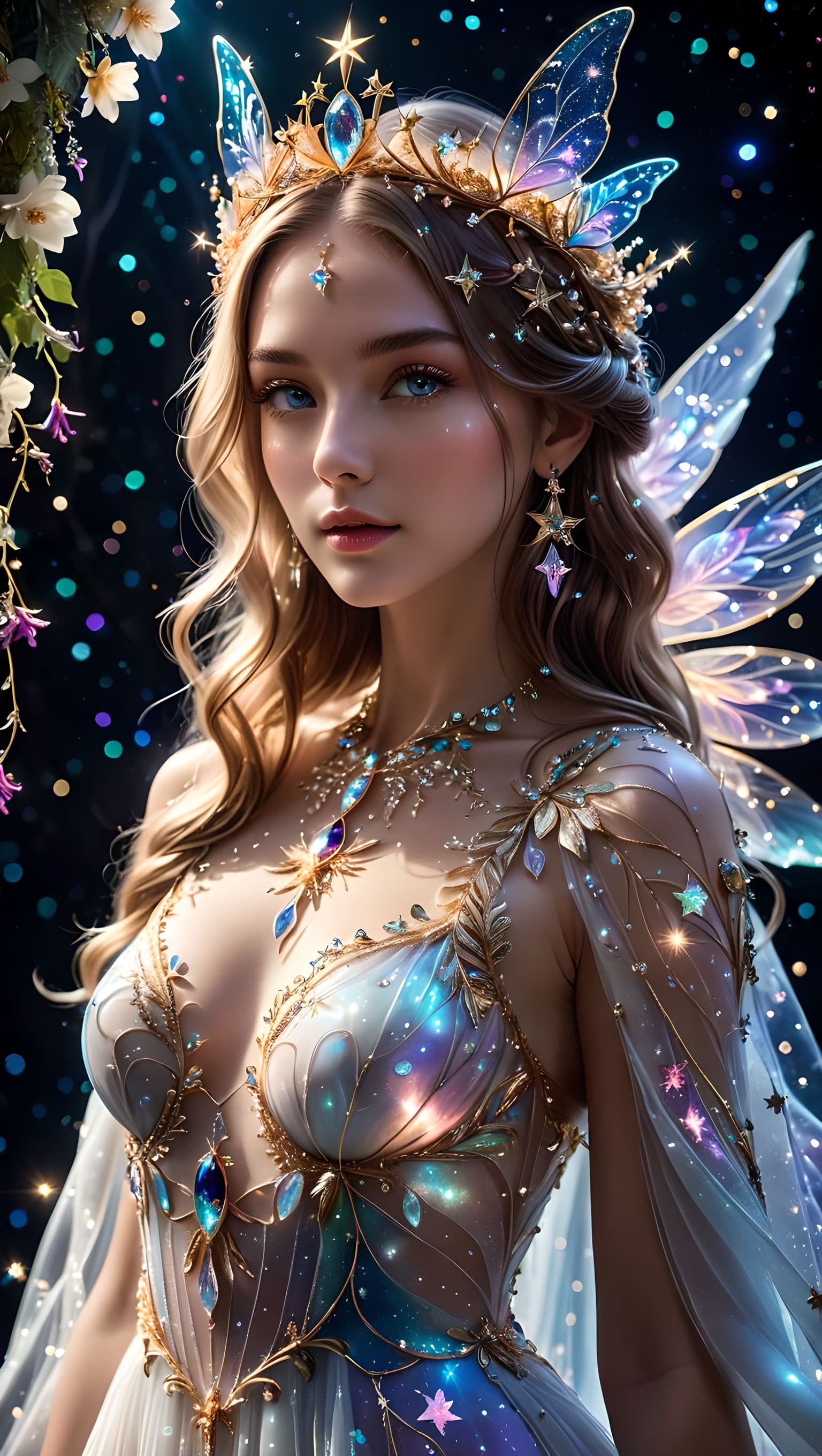 AI generated: A celestial and botanical fusion couture ensemble, featuring a long, flowing dress adorned with inte...