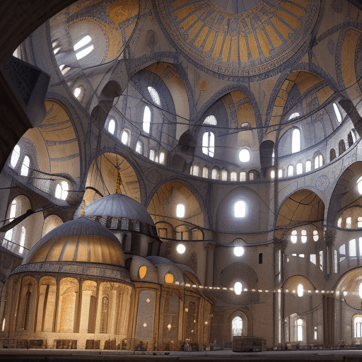 AI generated: A detailed crosssection of the ancient Hagia Sophia Mosque in Istanbul, showcasing its construction ...