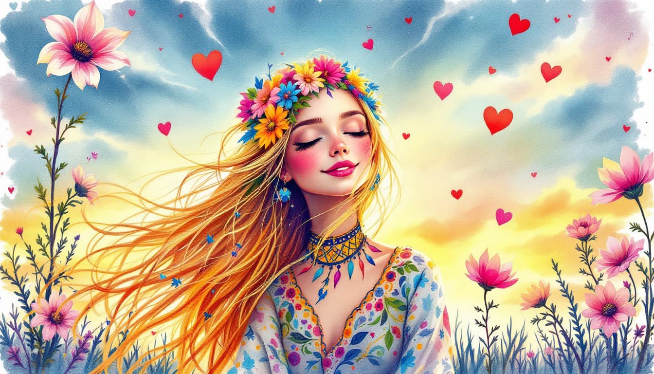 AI generated: Australian aboriginal dot art style, Cute long long wispy flyaway blonde-haired hippie, serene smili...